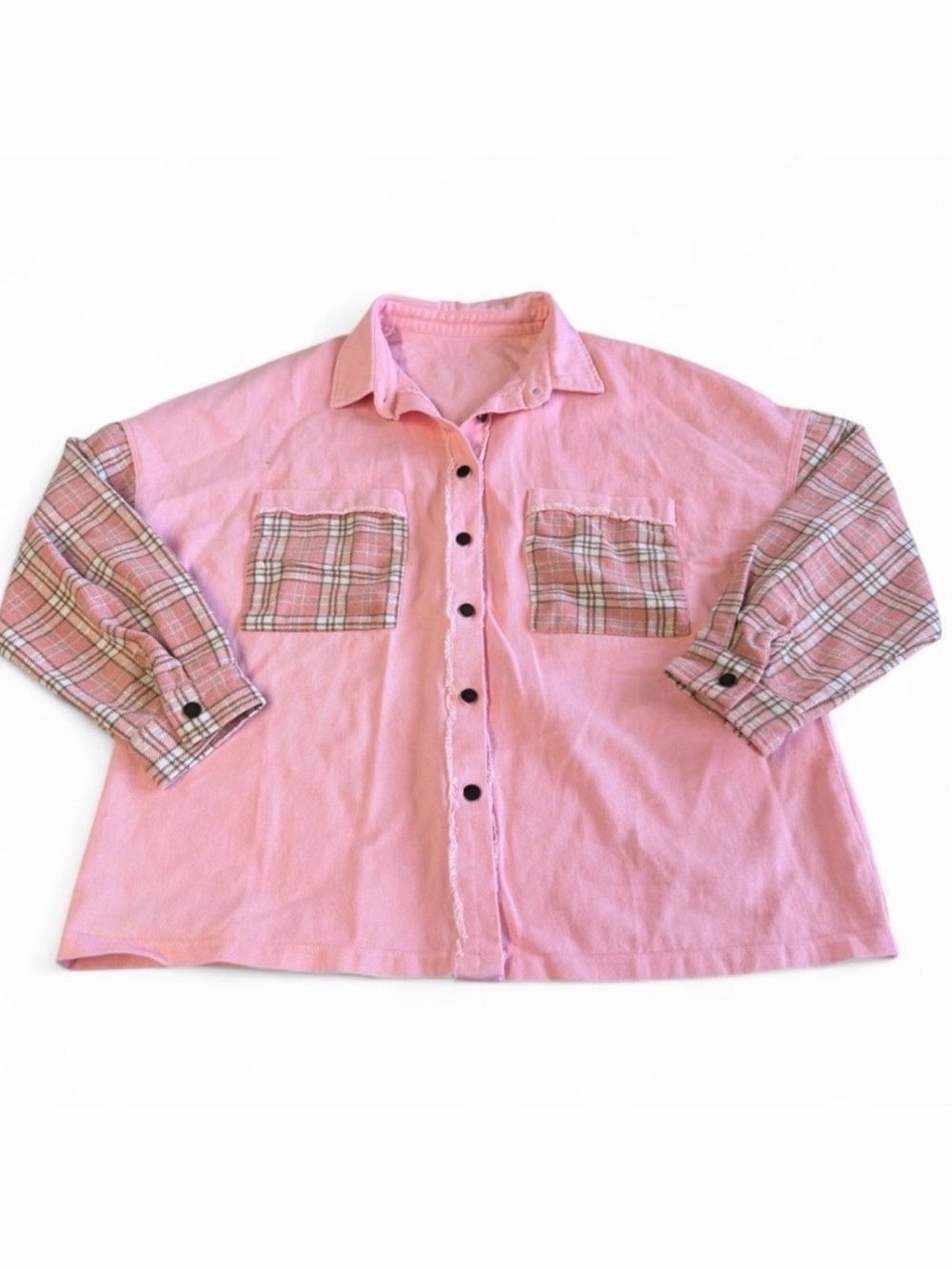 Oversized Pink Plaid Shirt Jacket Shacket Women’s Small Cabincore Outdoor Boho
